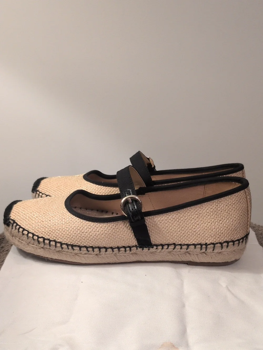 J. Crew Woven Metallic Mary Jane Espadrille with Black Trim SZ